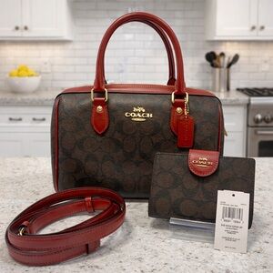 COACH Rowan Satchel - Signature Canvas & Leather Walnut/Red EUC & Wallet NWT